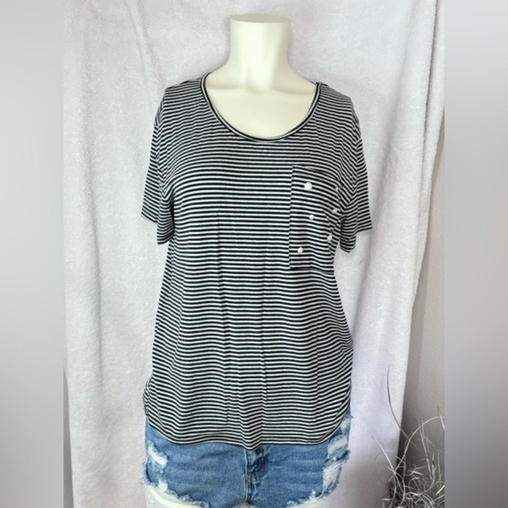 Striped T-Shirt with Pearl Detail Short Sleeve Top